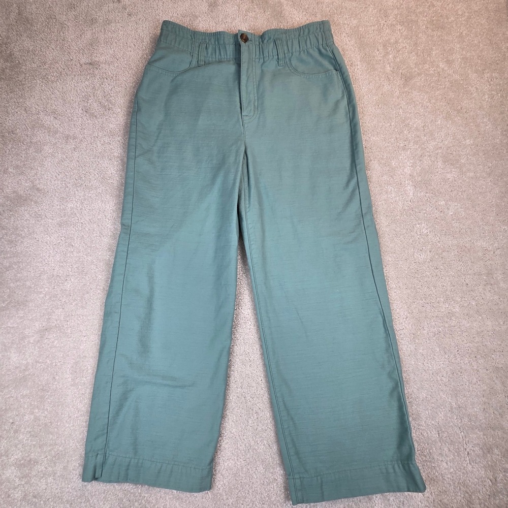 J.Crew Blue Green Slub Wide Leg Cropped Pants Size 8 High Rise Elastic Back